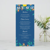 Menu Soirée de mariage chic jaune et bleu floral (Debout devant)
