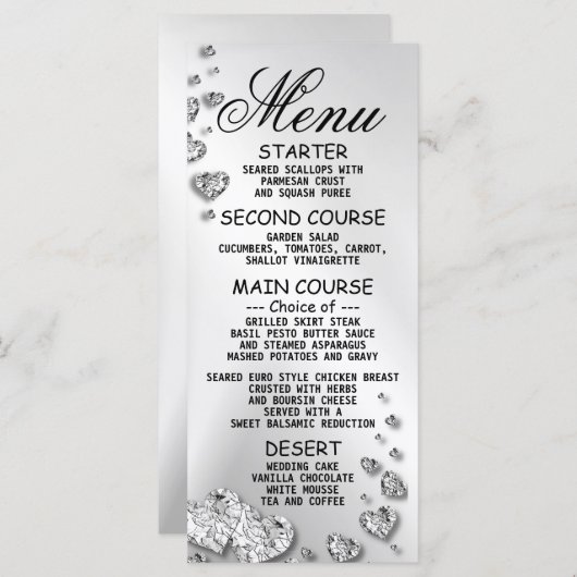 Menu Soirée de mariage Coeurs d'argent Grey Dîner éléga (Devant / Derrière)