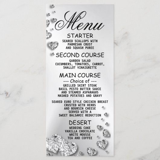 Menu Soirée de mariage Coeurs d'argent Grey Dîner éléga (Devant)