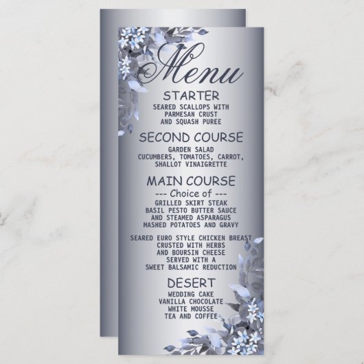Menu Soirée de mariage Marine Blue Floral Silver Diner (Devant / Derrière)
