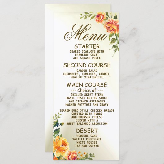 Menu Soirée de mariage Orange Jaune Rouge Floral Vert (Devant / Derrière)