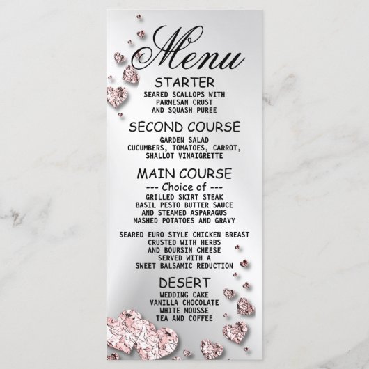 Menu Soirée de mariage rose Peach Coeurs brillants géom (Devant)