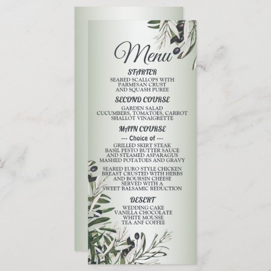 Menu Soirée de mariage Vert Feuilles Noir Olive Élégant (Devant / Derrière)
