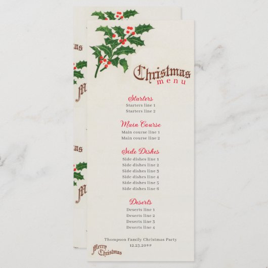 Menu Soirée de Noël Holly Elegant (Devant / Derrière)