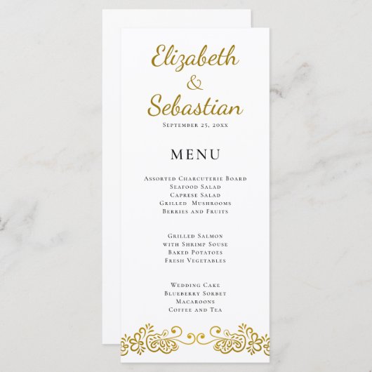 Menu Soirée Elégante Flourish Gold & White Mariage (Devant / Derrière)
