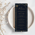 Menu Soleil céleste et Lune or et Marine<br><div class="desc">Conçu pour se coordonner avec notre collection mystique céleste, cette carte de menu mariage personnalisable unique présente de magnifiques éléments célestes d'or sur un arrière - plan de marine sombre. Pour une personnalisation plus avancée de cette conception, par exemple la modification de la disposition, de la police ou de la...</div>