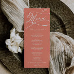 Menu SOPHIA Romantic Bright Coral Mariage d'été<br><div class="desc">Ce menu romantique mariage corallien de la collection Sophia présente une calligraphie blanche à grande échelle. L'arrière - plan de pêche rose doux,  les fioritures aérées et la typographie intemporelle sont parfaits pour un mariage amusant,  classique et moderne.</div>
