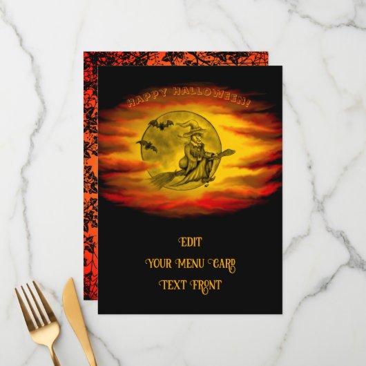 Menu Sorcière volante avec chat noir, nuit halloween (Devant/Arrière en situation)