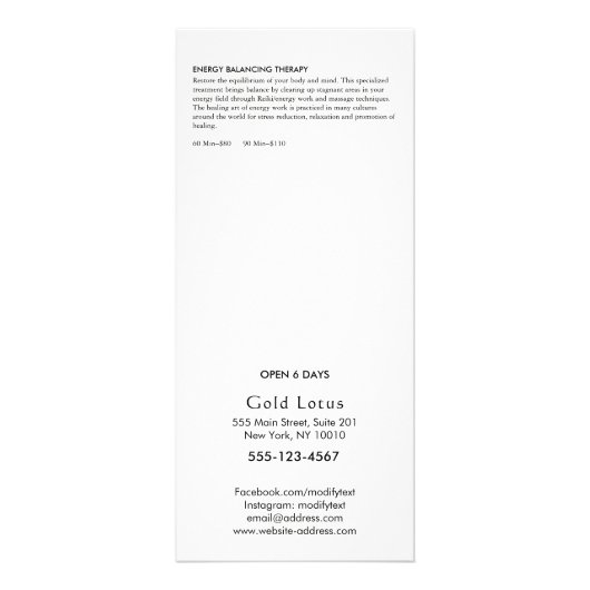 Menu Spa du service de massothérapie Gold Tree (Dos)