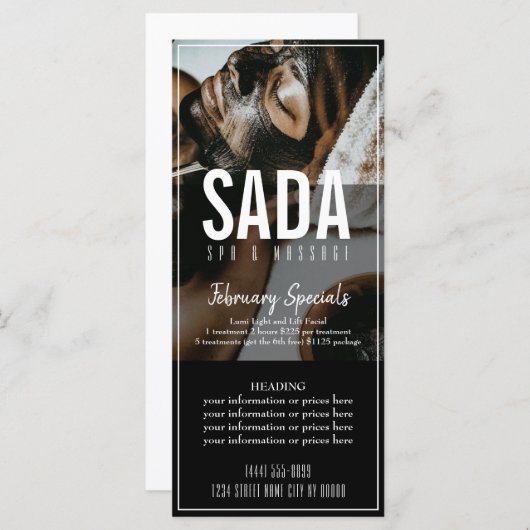 Menu spa Salon Massage Tarifs (Devant / Derrière)