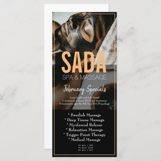 Menu spa Salon Massage Tarifs (Devant / Derrière)