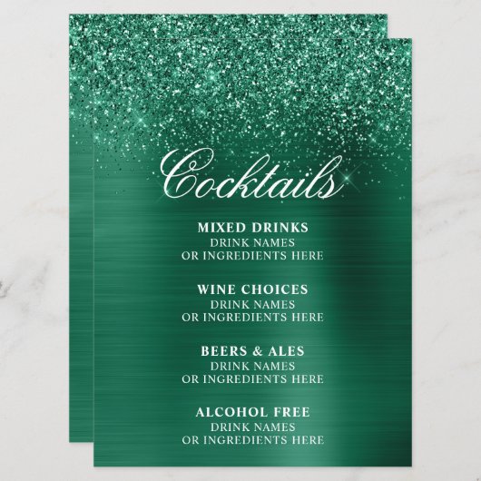 Menu Sparkly Hunter Green Glitter Foil Cocktails Bar (Devant / Derrière)