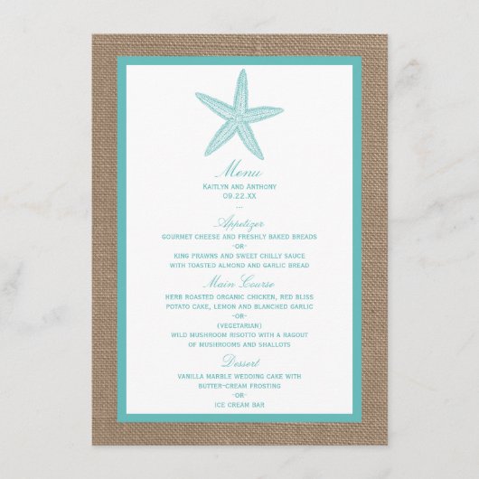 Menu Starfish Turquoise Burlap Beach Wedding Collection (Devant)