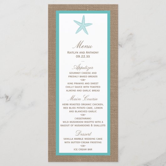Menu Starfish Turquoise Burlap Beach Wedding Collection (Devant)