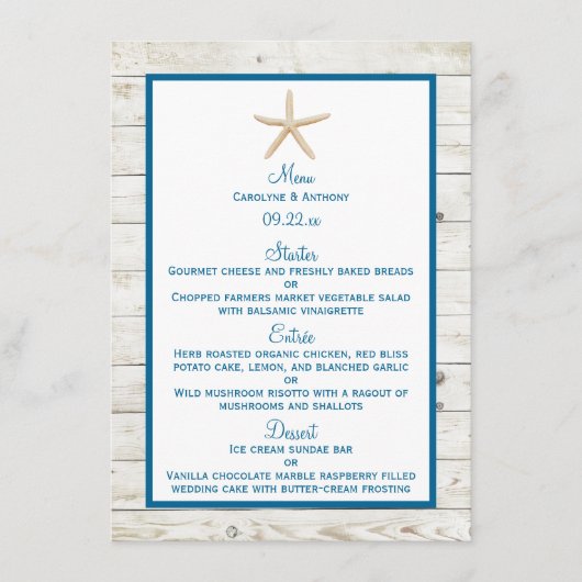 Menu Starfish Whitewashed Wood Beach Wedding Collection (Devant)