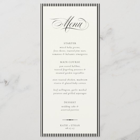 Menu STATELY Calligraphy Stripes Wedding (Devant)