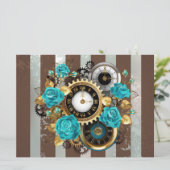 Menu Steampunk Clock and Turquoise Roses on Striped (Debout devant)