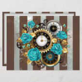 Menu Steampunk Clock and Turquoise Roses on Striped (Devant / Derrière)