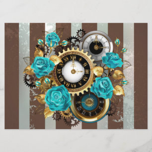 Menu Steampunk Clock and Turquoise Roses on Striped