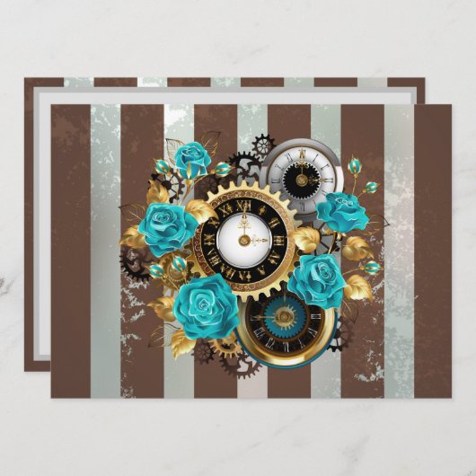 Menu Steampunk Clock and Turquoise Roses on Striped (Devant / Derrière)