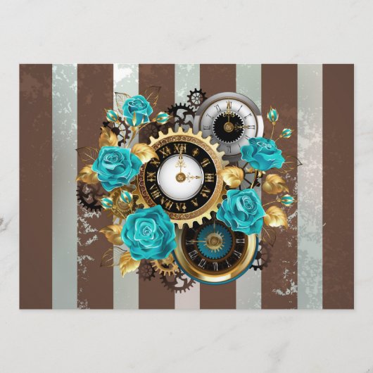 Menu Steampunk Clock and Turquoise Roses on Striped (Devant)