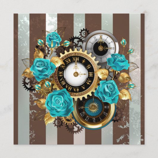 Menu Steampunk Clock and Turquoise Roses on Striped (Devant)