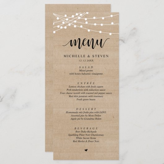 Menu String Lights Brown Bois Mariage Eloping Dîner (Devant / Derrière)
