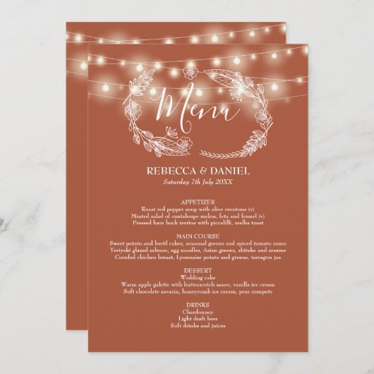 Menu String Lights Terracotta Floral Mariage (Devant / Derrière)