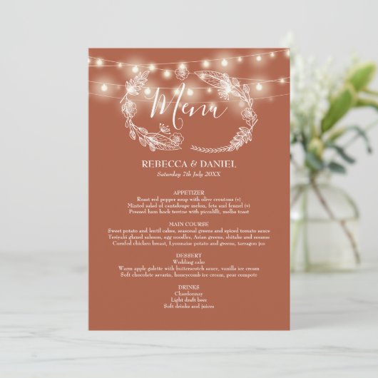 Menu String Lights Terracotta Floral Mariage (Debout devant)
