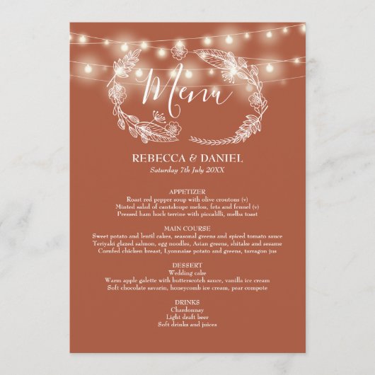 Menu String Lights Terracotta Floral Mariage (Devant)