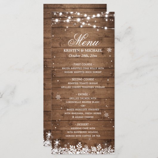 Menu String Lights Wood Rustic Winter Wedding (Voorkant / Achterkant)