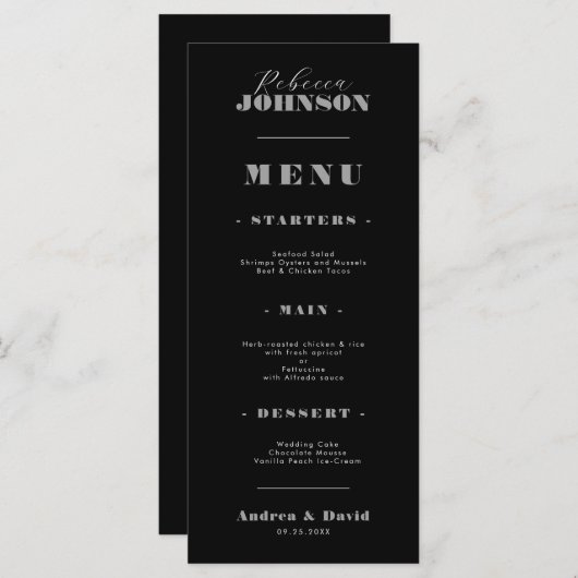 Menu Style Bold Script typographie Nom du client Mariag (Devant / Derrière)