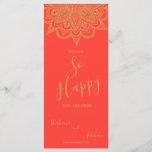 Menu Style indien Orange rose or couleur Mariage chic (Dos)