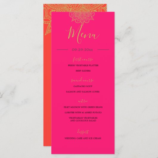 Menu Style indien rose orange or couleur Mariage chic (Devant / Derrière)