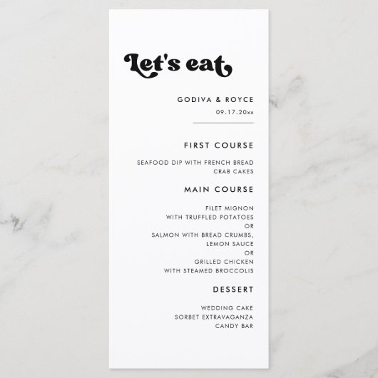 Menu Style rétro noir & blanc Mangeons mariage (Devant)