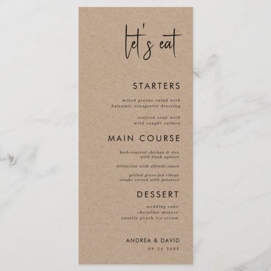 Menu Style rustique Kraft Mangeons Script Simple Mariag (Devant)