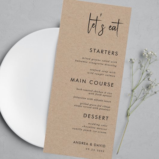 Menu Style rustique Kraft Mangeons Script Simple Mariag