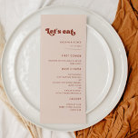 Menu Stylish retro rose pêche Mangeons mariage<br><div class="desc">Mangeons ! menu mariage ou réception. Un thème rétro chic : adoptez ce design typographique légèrement vintage et élégant pour votre papeterie mariage,  avec un thème orange brûlé,  terre cuite,  sucre brun et rose pêche. Texte,  couleurs et arrière - plans entièrement personnalisables.</div>