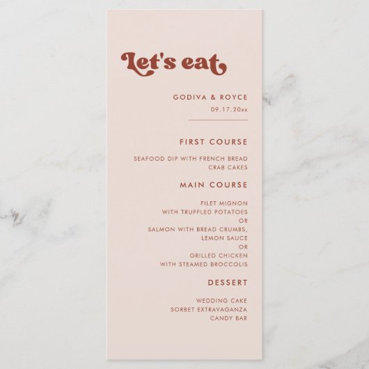 Menu Stylish retro rose pêche Mangeons mariage (Devant)