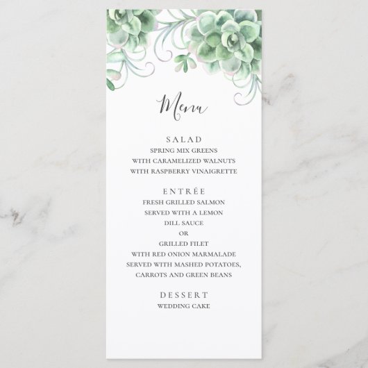 Menu Succulentes aquarelles. Cactus de verdure mariage (Devant)