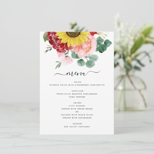 Menu Sunflower Eucalyptus Country Watercolor Mariage (Debout devant)