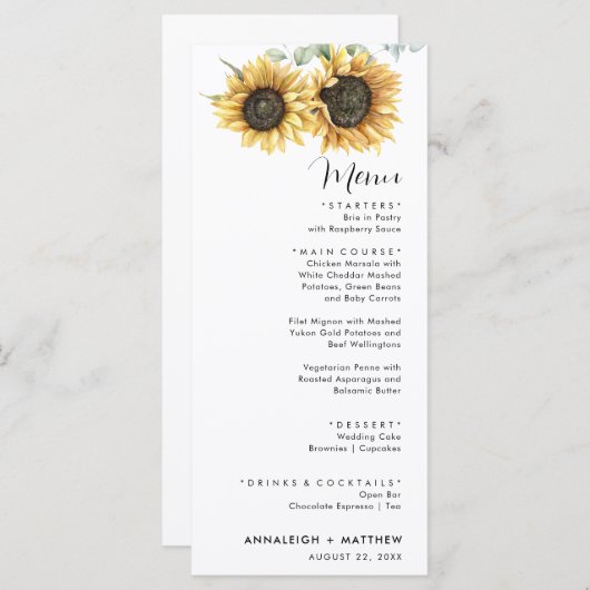 Menu Sunflower Eucalyptus Mariage moderne (Devant / Derrière)