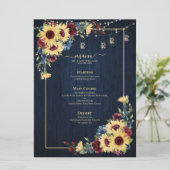 Menu Sunflower Navy Bleu Bourgogne Bois Mariage Floral (Debout devant)