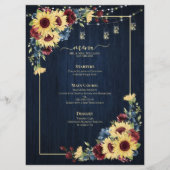 Menu Sunflower Navy Bleu Bourgogne Bois Mariage Floral (Devant)