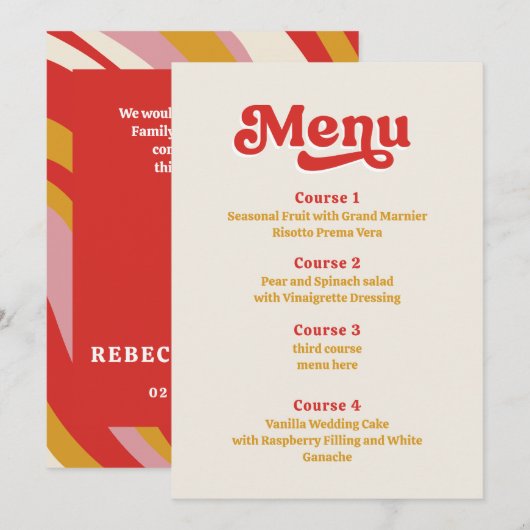 Menu Super rétro les années 70 Mariage rouge ivoire (Devant / Derrière)