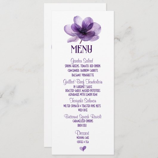 Menu Superbe Mariage de fleurs violettes (Devant / Derrière)