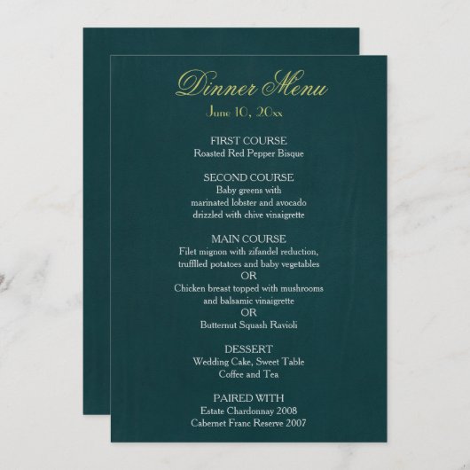 Menu sur arrière - plan vert foncé (Devant / Derrière)