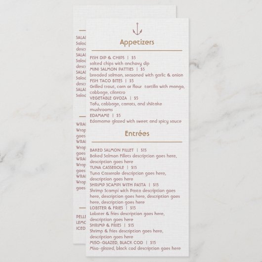 Menu sur mesure pour Restaurant de fruits de mer (Devant / Derrière)