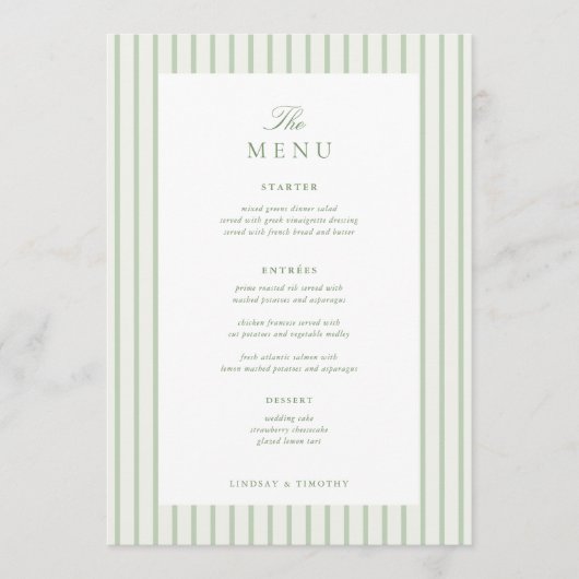 Menu Table de mariage classique rayée verte 5x7" (Devant)