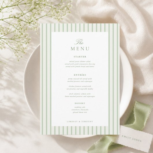 Menu Table de mariage classique rayée verte 5x7"